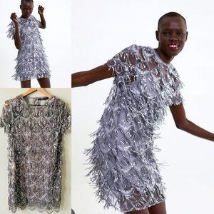 Zara Silver Sequin Fringe Party Dress Sz S New Years Eve Great Gatsby